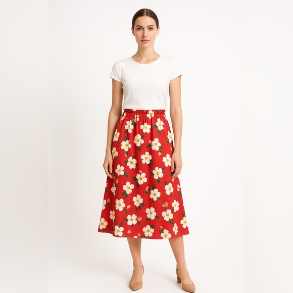 NWT kate spade botanical‎ garden cotton midi skirt, Red and white, size S - Picture 1 of 15